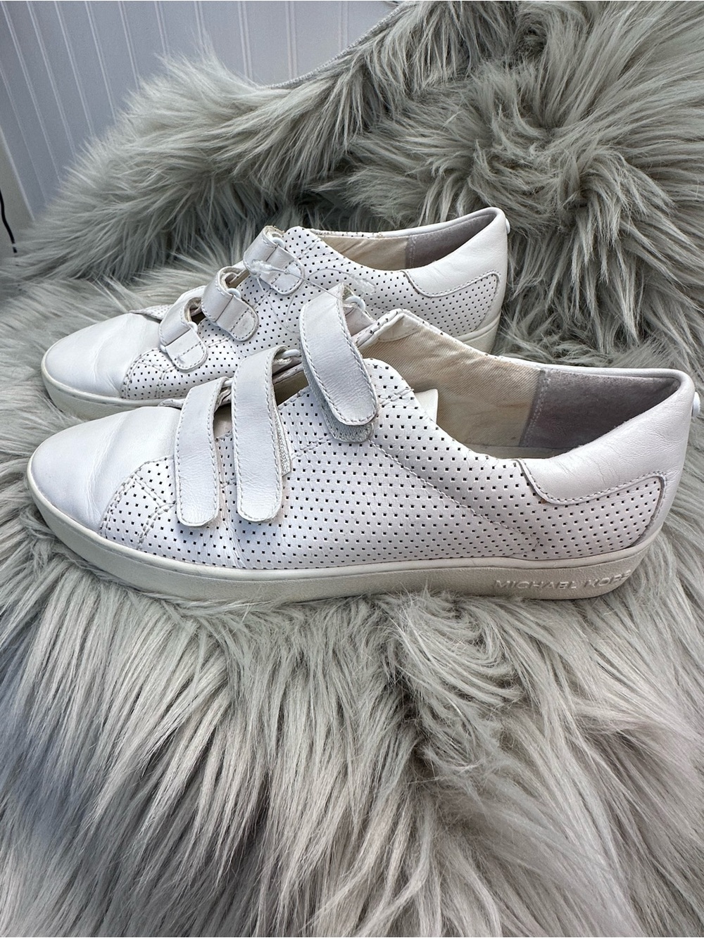 Michael Kors ladies White Perforated Leather Velcro Sneakers with Cushioned Sole